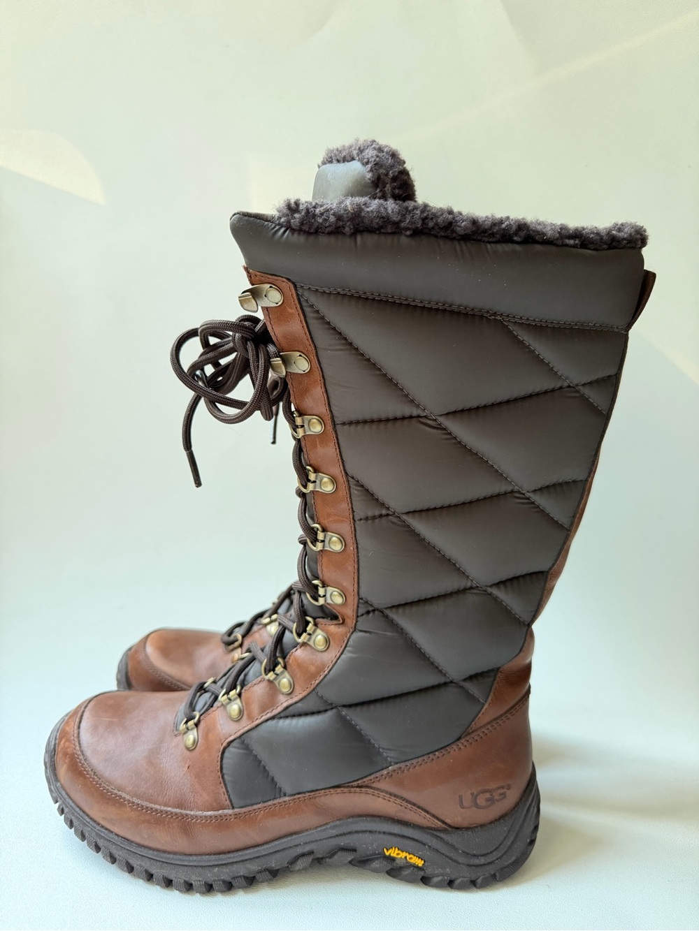 UGG Brown Leather & Black Quilted Tall Lace-Up Winter Boots